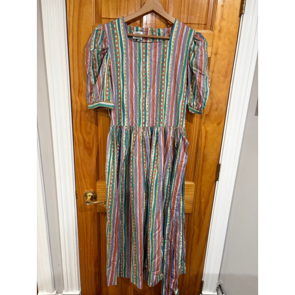Vintage Laura Ashley Made in England Striped Puff Sleeve Tie Waist Midi Dress